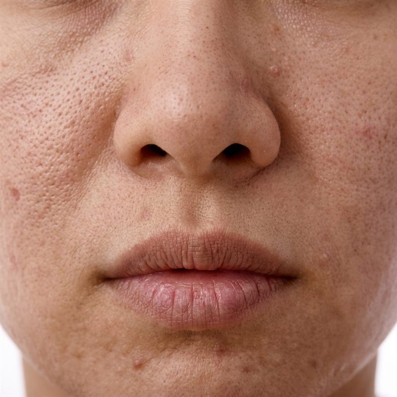 Close view of the skin around a person's nose, mouth and cheeks, showing its natural pores and texture.